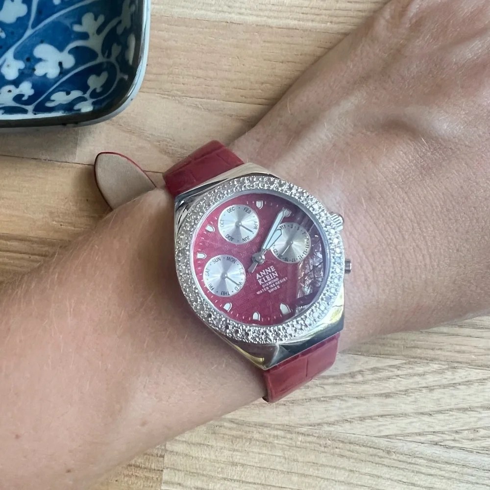 Anne Klein ladies diamond Swiss red leather sport watch NEW BATTERY